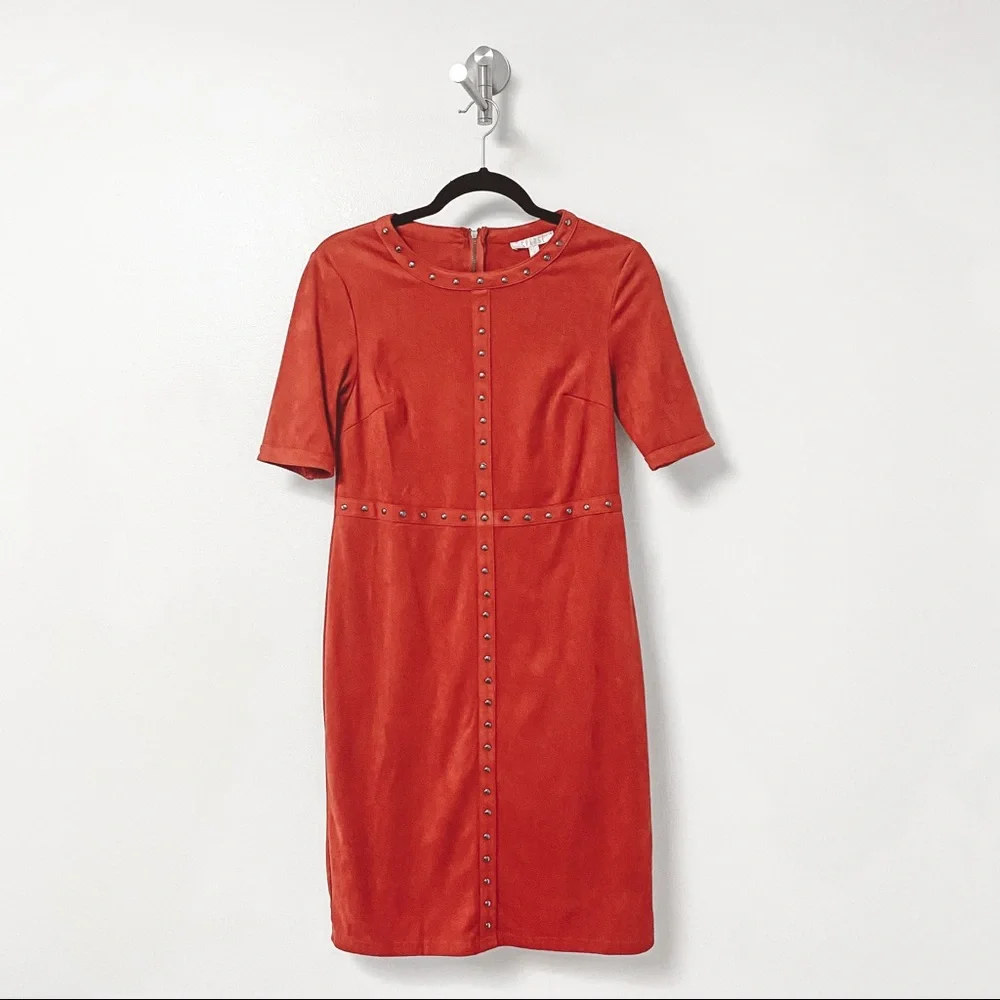 Spense Fall Winter Casual Chic Velour‎ Studded 3/4 Sleeve Mini Dress Red Orange